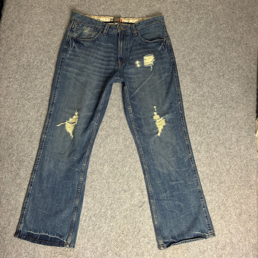 Hang Ten Distressed Blue Denim Jeans Straight Leg Mid Wash 35x30 Y2K Skater